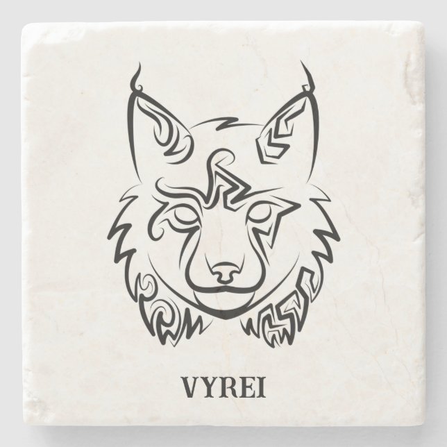 Black and White Tribal Lynx Stone Coaster (Front)