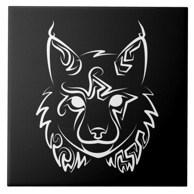 Black and White Tribal Lynx Tile (Front)