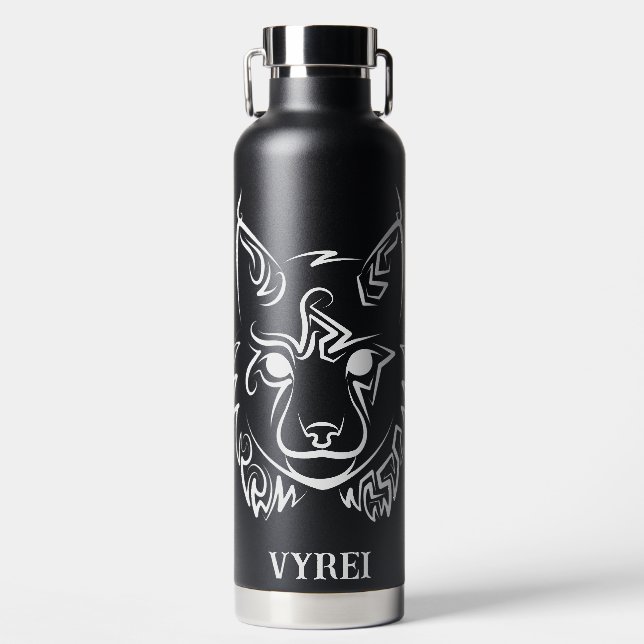 Black and White Tribal Lynx Water Bottle (Front)