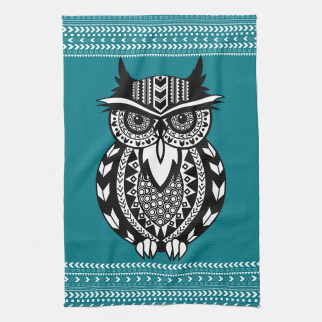 Black and White Tribal Owl Geometric Tea Towel (Vertical)