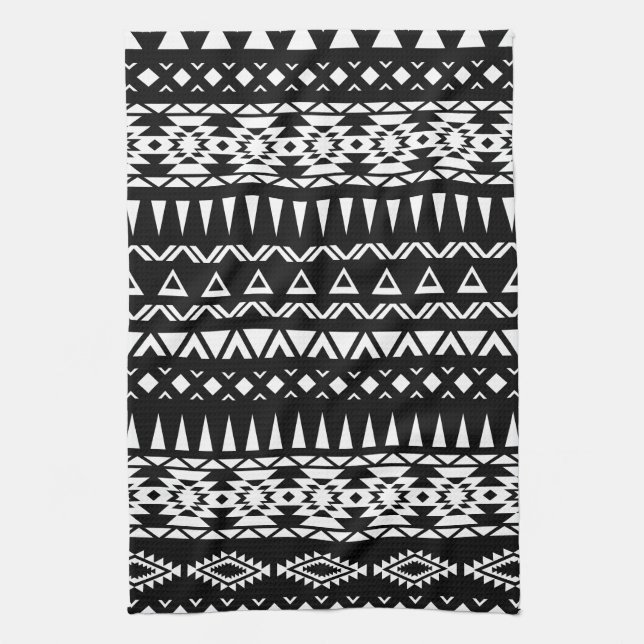 Black and White Tribal pattern Aztec inspired Tea Towel (Vertical)