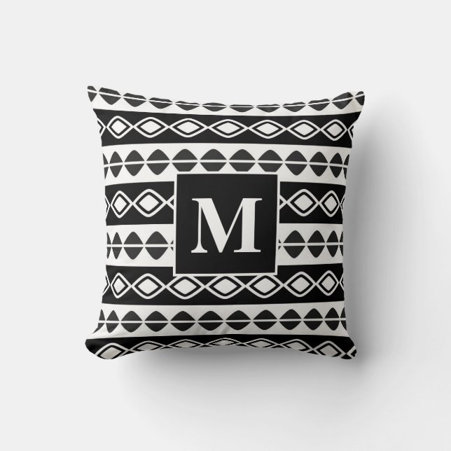Black and White Tribal Pattern Monogram Cushion (Front)