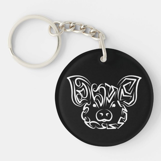 Black and White Tribal Pig Key Ring (Front)