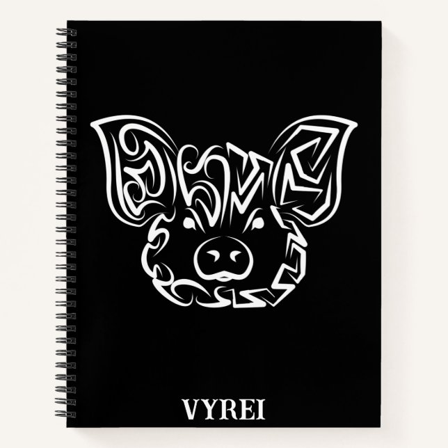 Black and White Tribal Pig Notebook (Front)