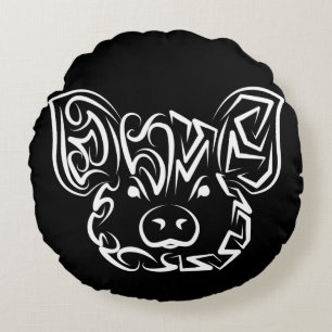 Black and White Tribal Pig Round Cushion