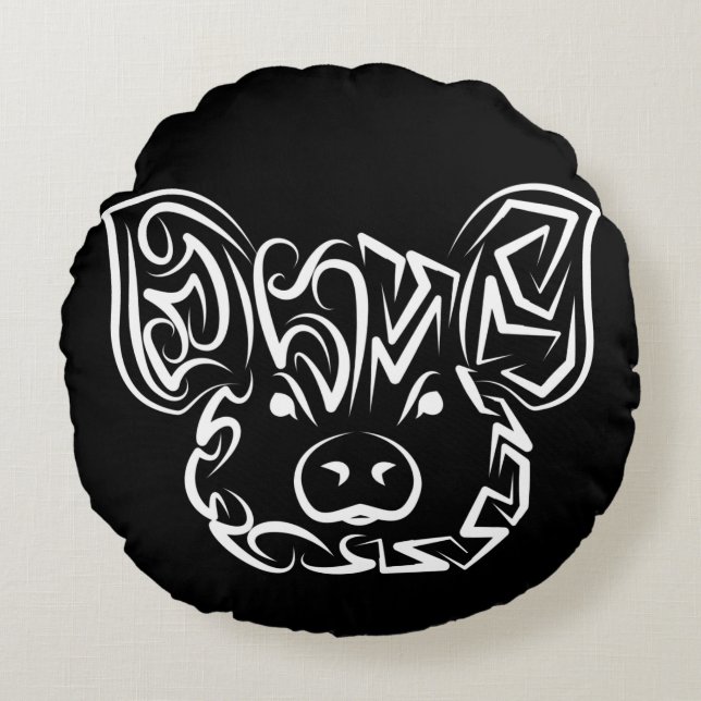 Black and White Tribal Pig Round Cushion (Front)