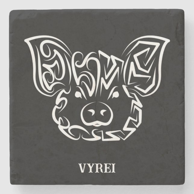 Black and White Tribal Pig Stone Coaster (Front)