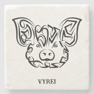 Black and White Tribal Pig Stone Coaster