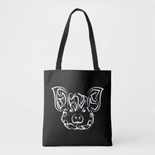 Black and White Tribal Pig Tote Bag