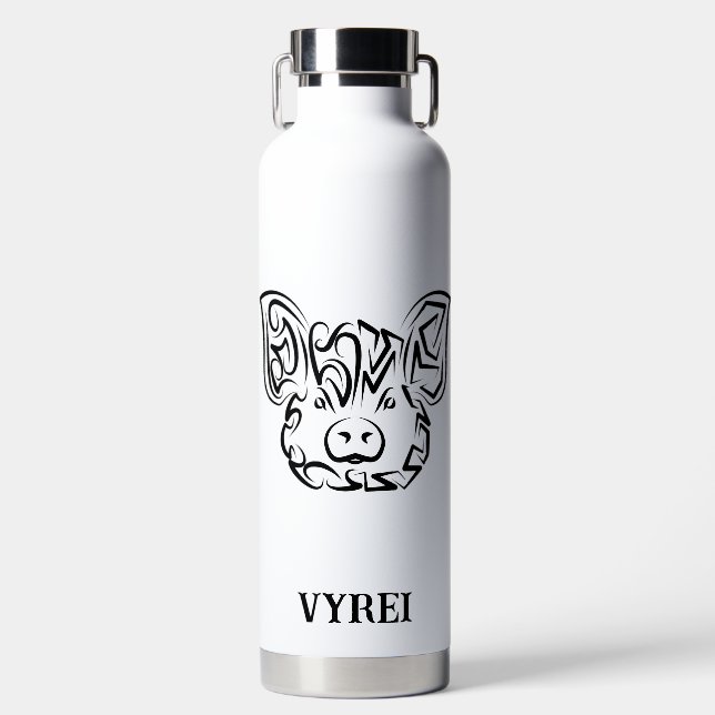 Black and White Tribal Pig Water Bottle (Front)