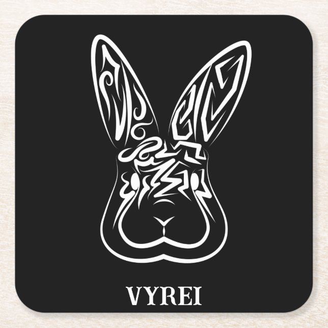 Black and White Tribal Rabbit Square Paper Coaster (Front)