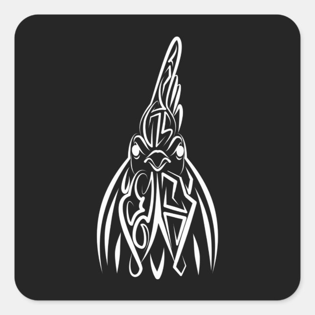 Black and White Tribal Rooster Square Sticker (Front)