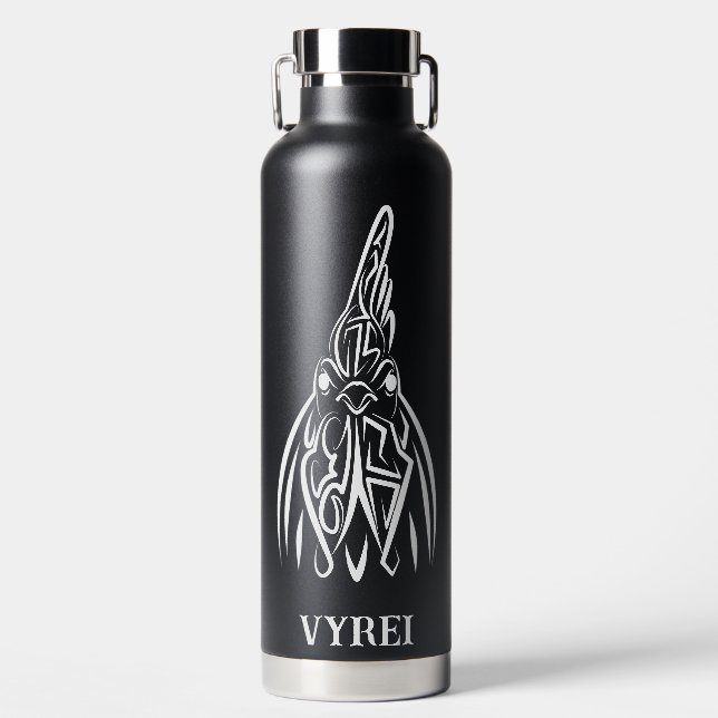 Black and White Tribal Rooster Water Bottle (Front)