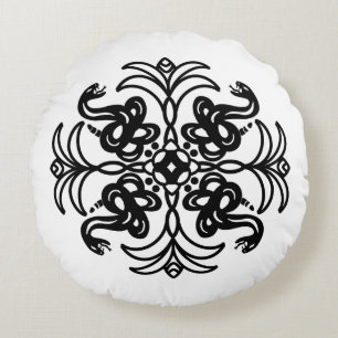 Black and White Tribal Snake Mandala Round Cushion