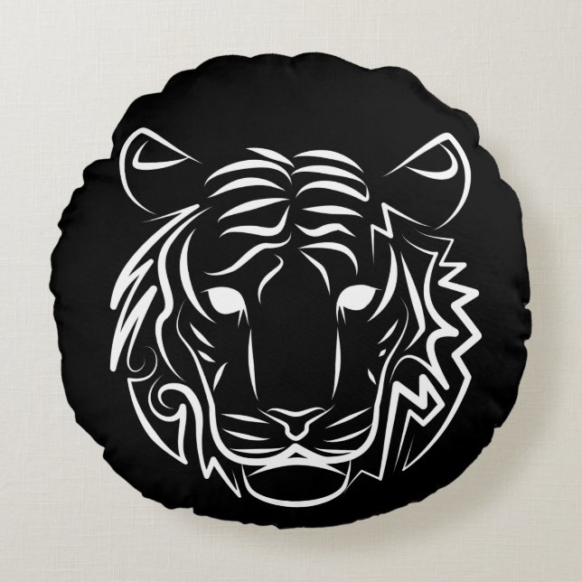 Black and White Tribal Tiger Round Cushion (Front)