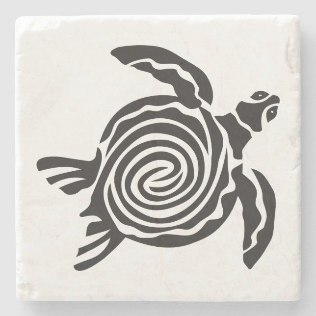 Black and White Tribal Turtle Art Stone Coaster (Front)