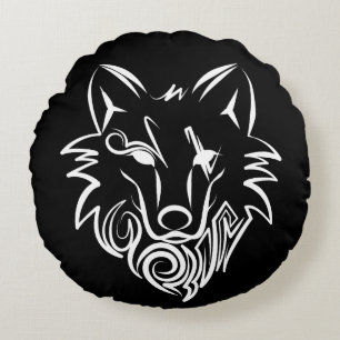 Black and White Tribal Wolf Round Cushion