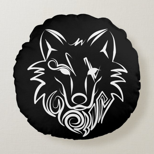 Black and White Tribal Wolf Round Cushion (Front)