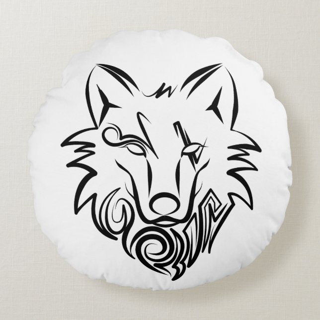 Black and White Tribal Wolf Round Cushion (Front)