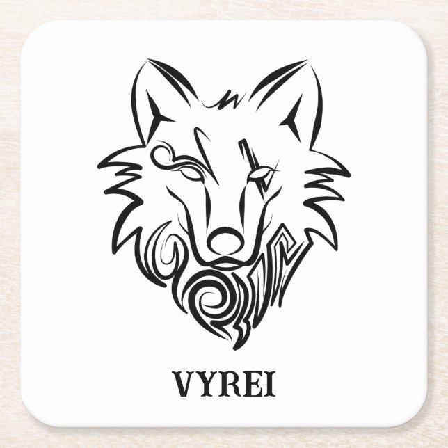 Black and White Tribal Wolf Square Paper Coaster (Front)