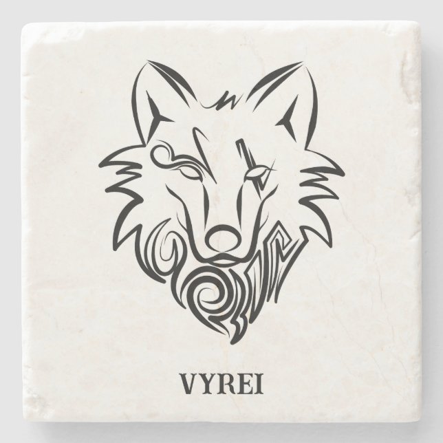 Black and White Tribal Wolf Stone Coaster (Front)
