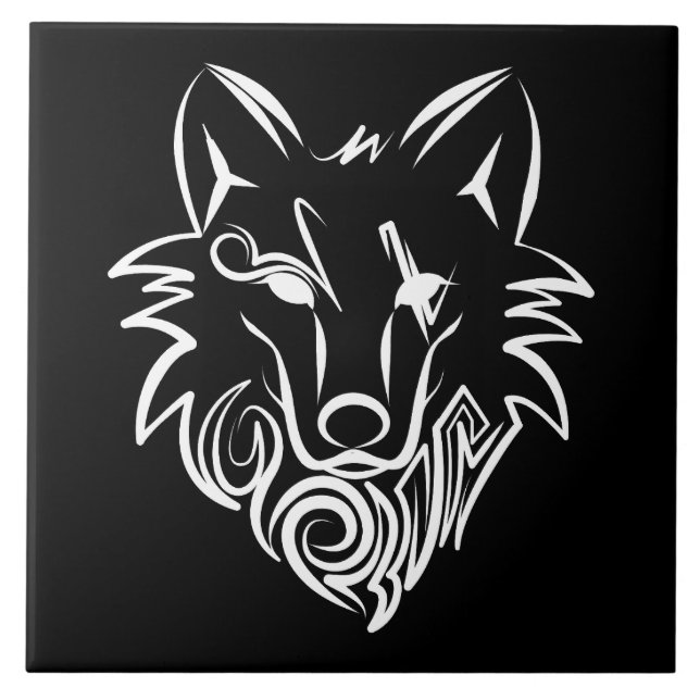 Black and White Tribal Wolf Tile (Front)