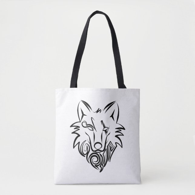 Black and White Tribal Wolf Tote Bag (Front)