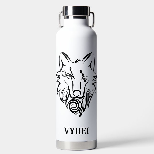 Black and White Tribal Wolf Water Bottle (Front)