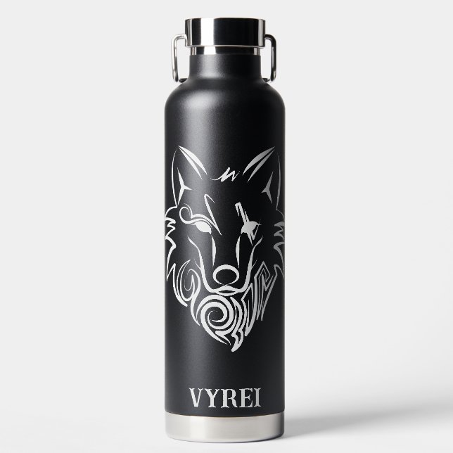 Black and White Tribal Wolf Water Bottle (Front)
