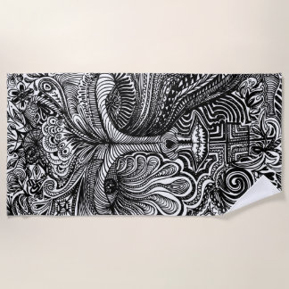 Black and White Trippy Line Portrait Beach Towel