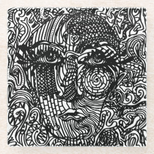 Black and White Trippy Line Portrait Glass Coaster