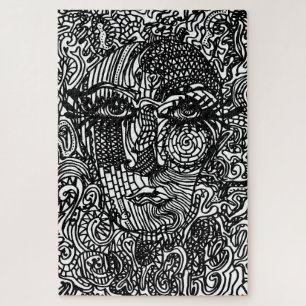 Black and White Trippy Line Portrait  Jigsaw Puzzle