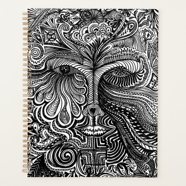 Black and White Trippy Line Portrait Planner (Front)