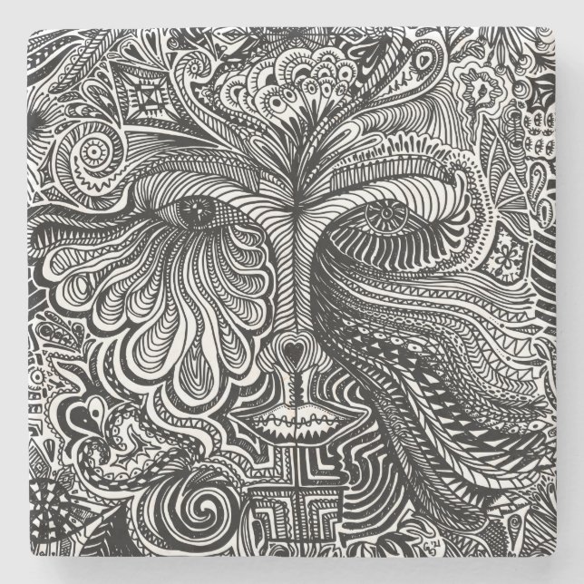 Black and White Trippy Line Portrait Stone Coaster (Front)