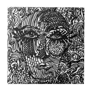 Black and White Trippy Line Portrait Tile