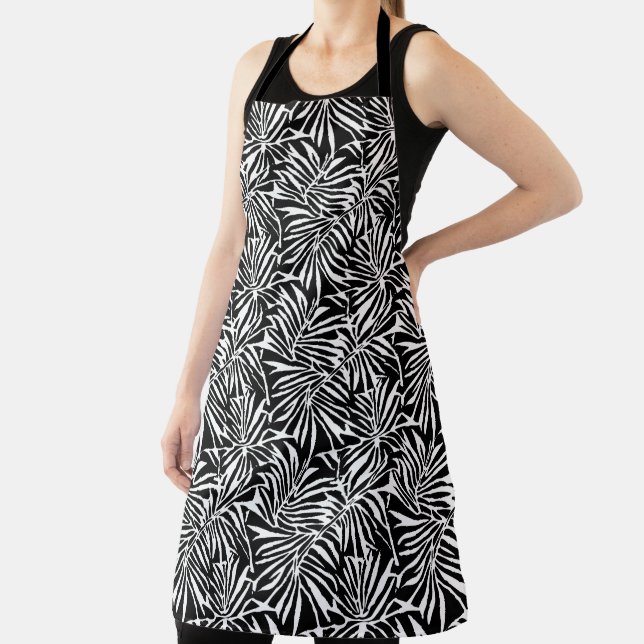 Black And White Tropical Leaf Repeating Pattern Apron (Insitu)