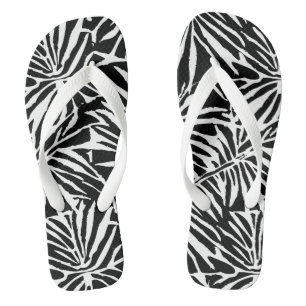 Black And White Tropical Leaf Repeating Pattern Flip Flops