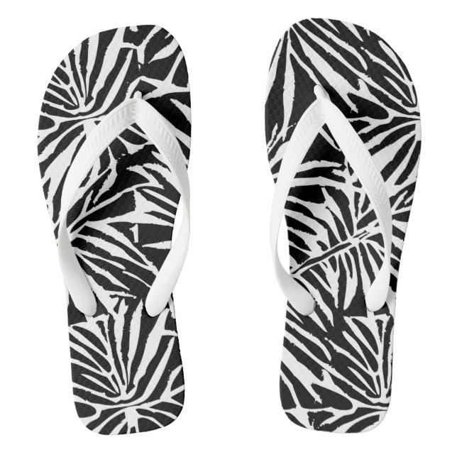 Black And White Tropical Leaf Repeating Pattern Flip Flops (Footbed)