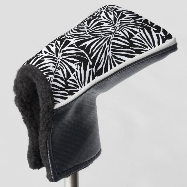Black And White Tropical Leaf Repeating Pattern Golf Head Cover (3/4 Front)
