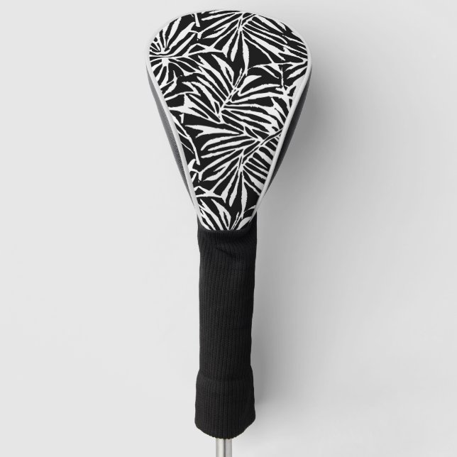 Black And White Tropical Leaf Repeating Pattern Golf Head Cover (Front)