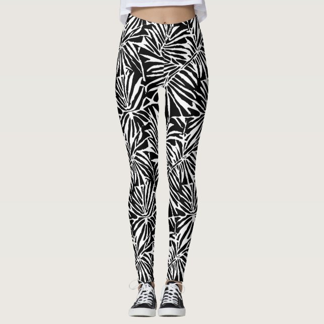Black And White Tropical Leaf Repeating Pattern Leggings (Front)
