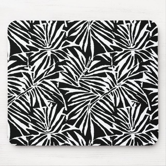 Black And White Tropical Leaf Repeating Pattern Mouse Mat (Front)