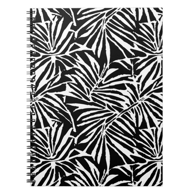 Black And White Tropical Leaf Repeating Pattern Notebook (Front)
