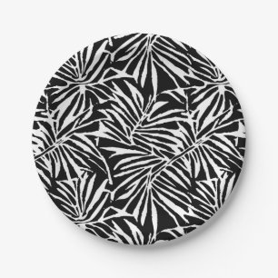 Black And White Tropical Leaf Repeating Pattern Paper Plate