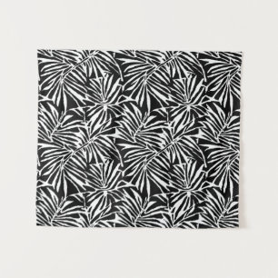 Black And White Tropical Leaf Repeating Pattern Tapestry