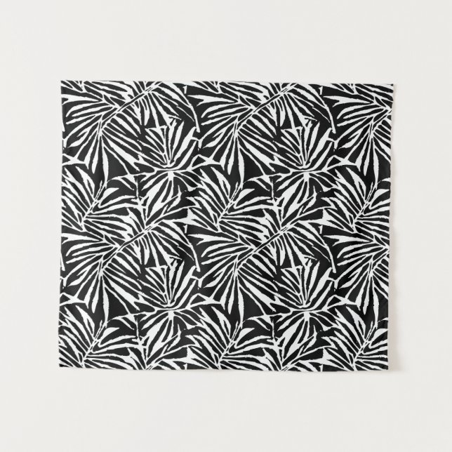 Black And White Tropical Leaf Repeating Pattern Tapestry (Front (Horizontal))
