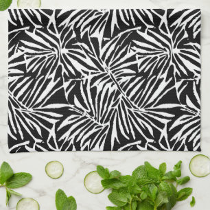 Black And White Tropical Leaf Repeating Pattern Tea Towel