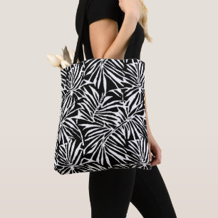 Black And White Tropical Leaf Repeating Pattern Tote Bag