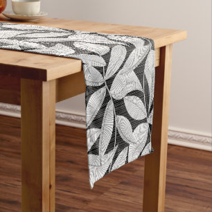 Black and white tropical leaf short table runner