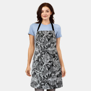 Black and White Tropical Leaves Apron